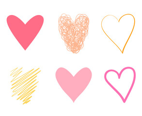 Colorful hearts on isolated white background. Hand drawn set of love signs. Unique abstract image for design. Line art creation. Colored illustration. Elements for poster or flyer