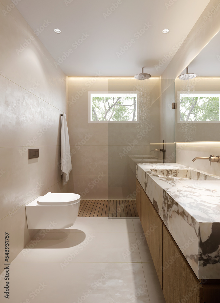 Poster 3d render of a minimal beige bathroom with a washbasin a toilet and shower