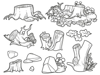 Set for decoration stumps and stones with moss outlined for coloring page isolated on white background