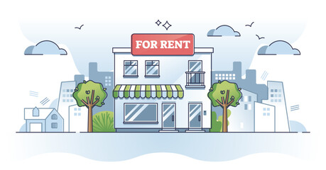 Commercial property for rent or new business place location outline concept. Real estate opportunity and commercial sign on roof vector illustration. Budget house offer from broker to relocate company