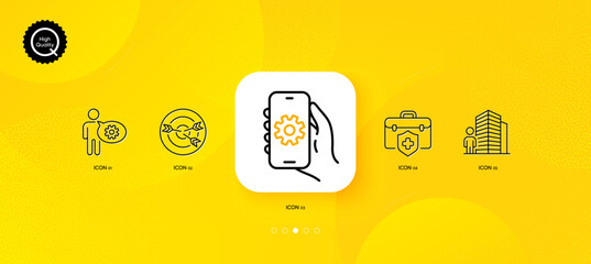Fototapeta na wymiar App settings, Cogwheel and Medical insurance minimal line icons. Yellow abstract background. Agent, Targeting icons. For web, application, printing. Vector
