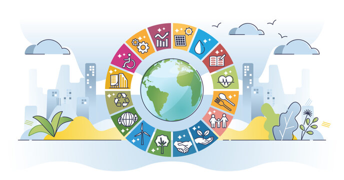 SDG or sustainable development goals by united nations outline concept. Interlinked global social target to reach in future vector illustration. Hunger, health, poverty, education and climate action.