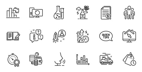Outline set of Work home, Group and Best result line icons for web application. Talk, information, delivery truck outline icon. Include Alcohol addiction, Startup, Budget accounting icons. Vector