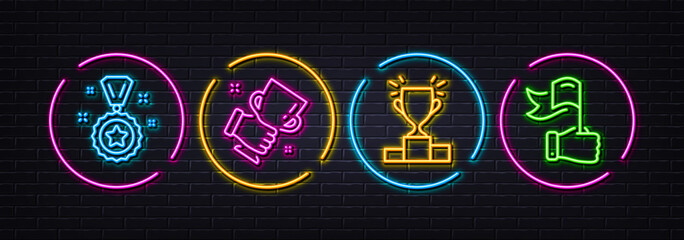 Winner reward, Winner cup and Leadership minimal line icons. Neon laser 3d lights. For web, application, printing. Best award, Best trophy, Competition results. Neon lights buttons. Vector