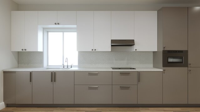 Long kitchen with a large refrigerator and a window over the sink. 3d render