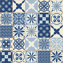 Ceramic tiles blue indigo monochrome color, stylish vector illustration for interior design