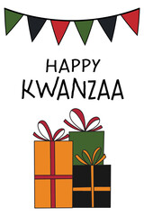 Happy Kwanzaa greeting card with gift box pile, flag bunting. Cute simple vertical poster for African American Kwanzaa celebration holiday.
