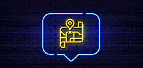 Neon light speech bubble. Map line icon. Road trip sign. Journey route distance symbol. Neon light background. Map glow line. Brick wall banner. Vector