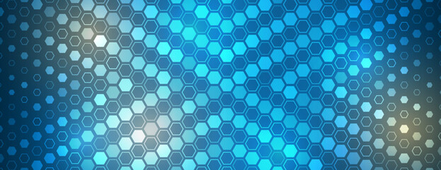 Obraz premium Wide Sci fi template with polygons. Abstract hexagons science on the blue background. Hi-tech digital technology and engineering concept.
