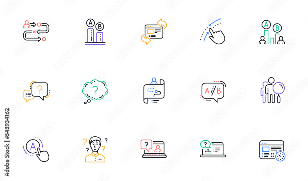 Poster ux line icons. ab testing, journey path map and question mark. quiz test linear icon set. bicolor ou
