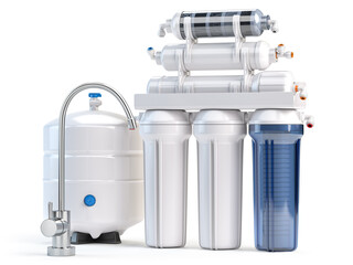 Reverse osmosis water purification system isolaterd on white. Water cleaning system. - obrazy, fototapety, plakaty