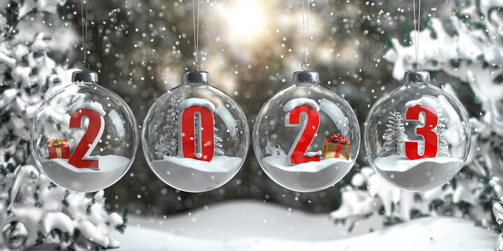 2023 Happy New Year. Numbers 2022 with cristmas trees, gifts and snow flakes in glass baubles or balls, New Years Eve  decoration.