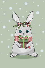 A white bunny with a scarf and a gift. Vector illustration for a postcard. Children's illustration