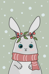 A white bunny with a scarf. Vector illustration for a postcard. Children's illustration