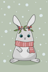 A white bunny with a scarf. Vector illustration for a postcard. Children's illustration