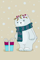 Polar bear with a scarf and a gift. Vector illustration for a postcard. Children's illustration