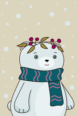 Polar bear with a scarf and a twig. Vector illustration for a postcard. Children's illustration
