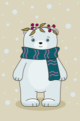 Polar bear with a scarf and a twig. Vector illustration for a postcard. Children's illustration