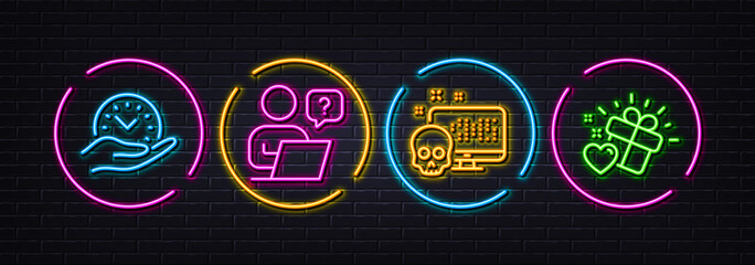 Cyber attack, Online question and Safe time minimal line icons. Neon laser 3d lights. Love gift icons. For web, application, printing. Computer malware, Remote work, Management. Heart. Vector