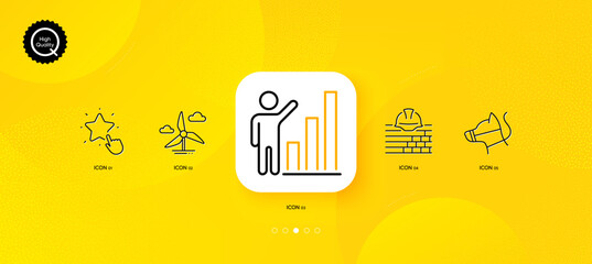 Fototapeta na wymiar Graph chart, Windmill turbine and Build minimal line icons. Yellow abstract background. Dog leash, Ranking star icons. For web, application, printing. Vector