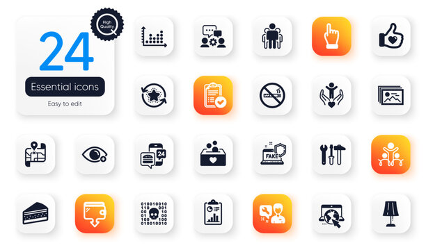 Set of Business flat icons. Spanner tool, Table lamp and Image gallery elements for web application. Like hand, Report, Group icons. Dot plot, Map, Donation elements. Food app. Vector