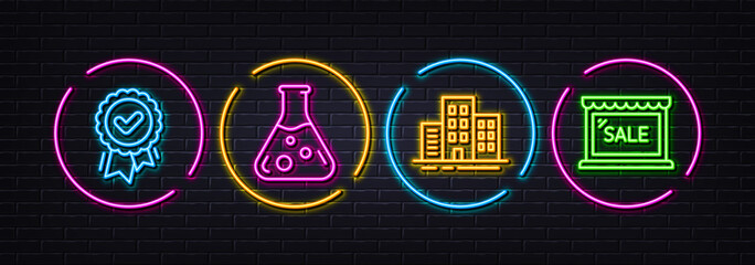 Chemistry lab, Approved award and Buildings minimal line icons. Neon laser 3d lights. Sale icons. For web, application, printing. Laboratory, Verification, Town apartments. Shopping store. Vector