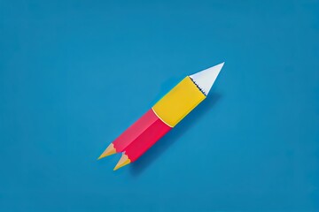 Minimal background for online education concept. Launching pencil rocket and open book on blue background. 3d rendering illustration. Clipping path of each element included.