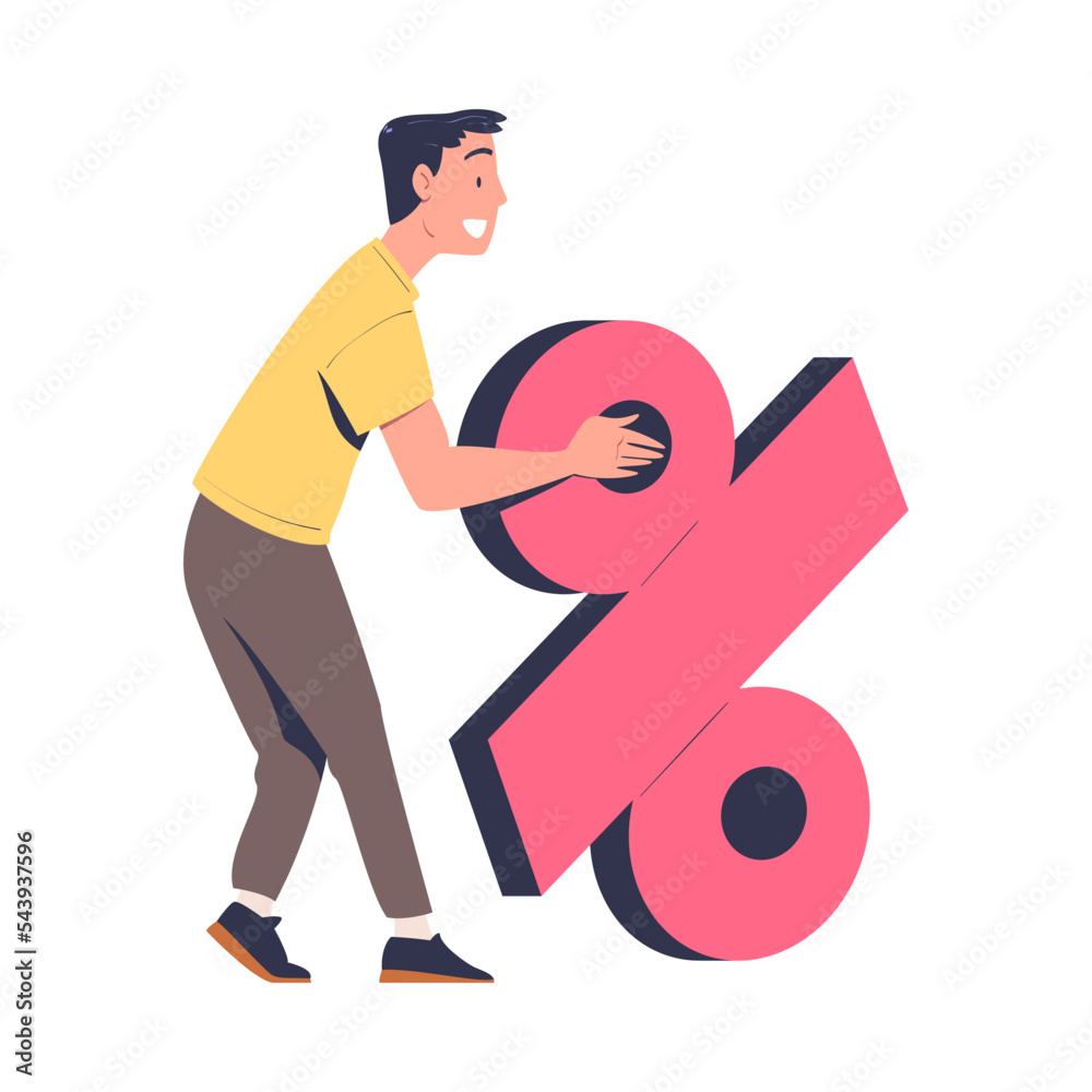 Sticker man character with huge percentage sign making contract and deal agreement vector illustration