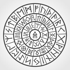 Rune circle. Vector illustration of various futhark viking symbols arranged in a circle. Ancient occult amulet for sacred art. Can be used in mystic motion design or magic computer graphics.