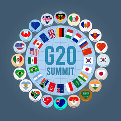 Vector illustration of the flags of the G-20 countries in the form of a logo with hearts. G20, top twenty economies of the world. Financial and economic international forum.
