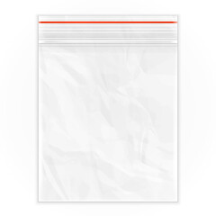 Blank Flat Poly Clear Bag Empty Plastic Polyethylene Pouch Packaging With Zipper, Ziplock. Illustration Isolated On White Background. Mock Up Template. Ready For Your Design. Vector EPS10