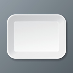 White Empty Blank Styrofoam Plastic Food Tray Container. Illustration Isolated On Gray Background. Mock Up Template Ready For Your Design. Vector EPS10