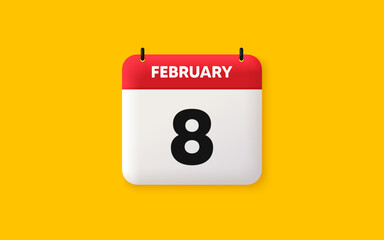 Fototapeta na wymiar Calendar date 3d icon. 8th day of the month icon. Event schedule date. Meeting appointment time. Agenda plan, February month schedule 3d calendar and Time planner. 8th day day reminder. Vector
