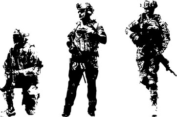 Black and White Army Art Ilustration, standing and sit down with complete uniform