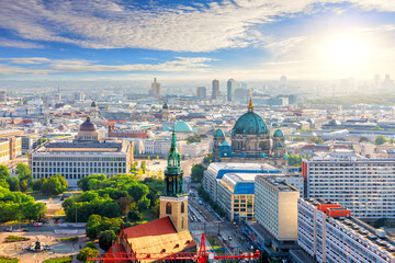 Aerial view of Berlin, modern buildings, St. Nicholas Church and The Berlin Cathedral, Germany