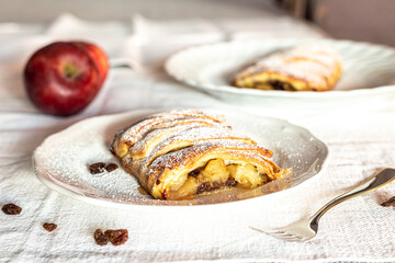 Homemade apple strudel with puff pastry, cinnamon, sultanas, pine nuts on white plate. Christmas apple strudel.