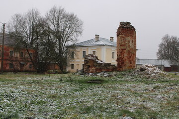 old abandoned house and ruins in snow