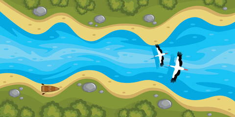 Vector illustration of a beautiful river in the forest with a view from above. Cartoon forest landscape with big river, storks, boat, stones.