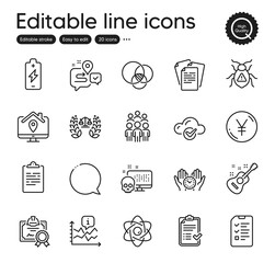 Set of Education outline icons. Contains icons as Atom core, Work home and Safe time elements. Certificate, Approved checklist, Battery charging web signs. Yen money, Software bug. Vector