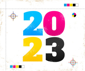 Vector vintage poster with 2023 in CMYK style. Retro poster for new year 2023