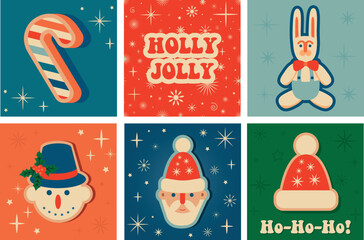 Collection of Retro Festive Christmas greeting cards. Vector illustration