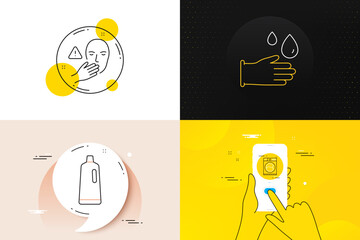 Minimal set of Shampoo, Dont touch and Rubber gloves line icons. Phone screen, Quote banners. Washing machine icons. For web development. Bath cleanser, Clean hand, Hygiene equipment. Vector
