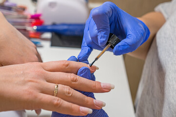 manicure master paints the clients nails with gel polish in a beauty salon. Manicure woman service close up