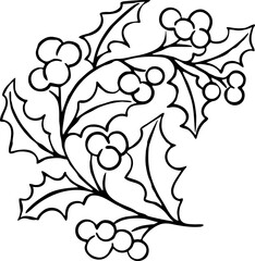 Mistletoe leaves and berries decorative element for Christmas and new year design. Traditional winter holidays green and red decoration. Hand drawn illustration, line style drawing.