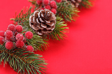 Christmas tree branches with cones on a red background