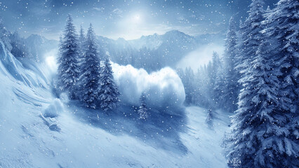 Winter mountain landscape. Snowy forest in the mountains, winter background. Avalanche in the forest mountains. Frozen forest, firs, trees, snow, slopes in the snow. 3D illustration.