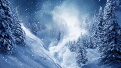 Winter mountain landscape. Snowy forest in the mountains, winter background. Avalanche in the forest mountains. Frozen forest, firs, trees, snow, slopes in the snow. 3D illustration.