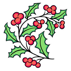 Mistletoe leaves and berries decorative element for Christmas and new year design. Traditional winter holidays green and red decoration. Hand drawn illustration, line style drawing.