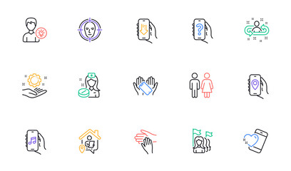 Person idea, Music app and Download app line icons for website, printing. Collection of Work home, Feminism, Smartphone holding icons. Recruitment, Volunteer, Restroom web elements. Vector