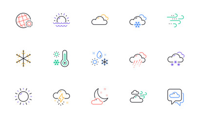 Weather and forecast line icons. Cloudy sky, winter snowflake, thermometer. Moon night, rain and sunset icons. Weather temperature, meteorology forecast. Linear set. Vector